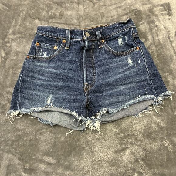 Levi's Premium 501 90's Shorts Womens Sz.25 Blue Button Fly Raw Hem High Rise - Picture 1 of 10